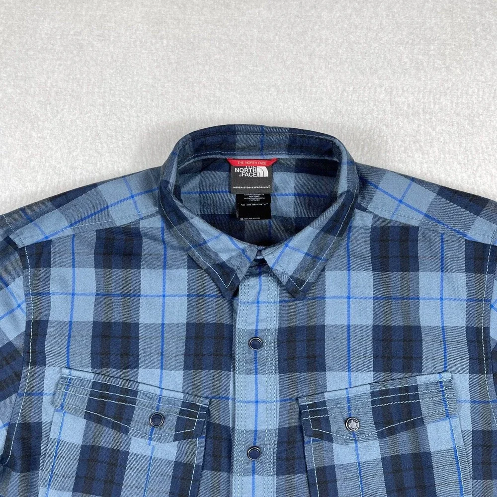 North Face Shirt Mens Small Blue Plaid‎ Snap Outdoors Camping Hiking Travel Work